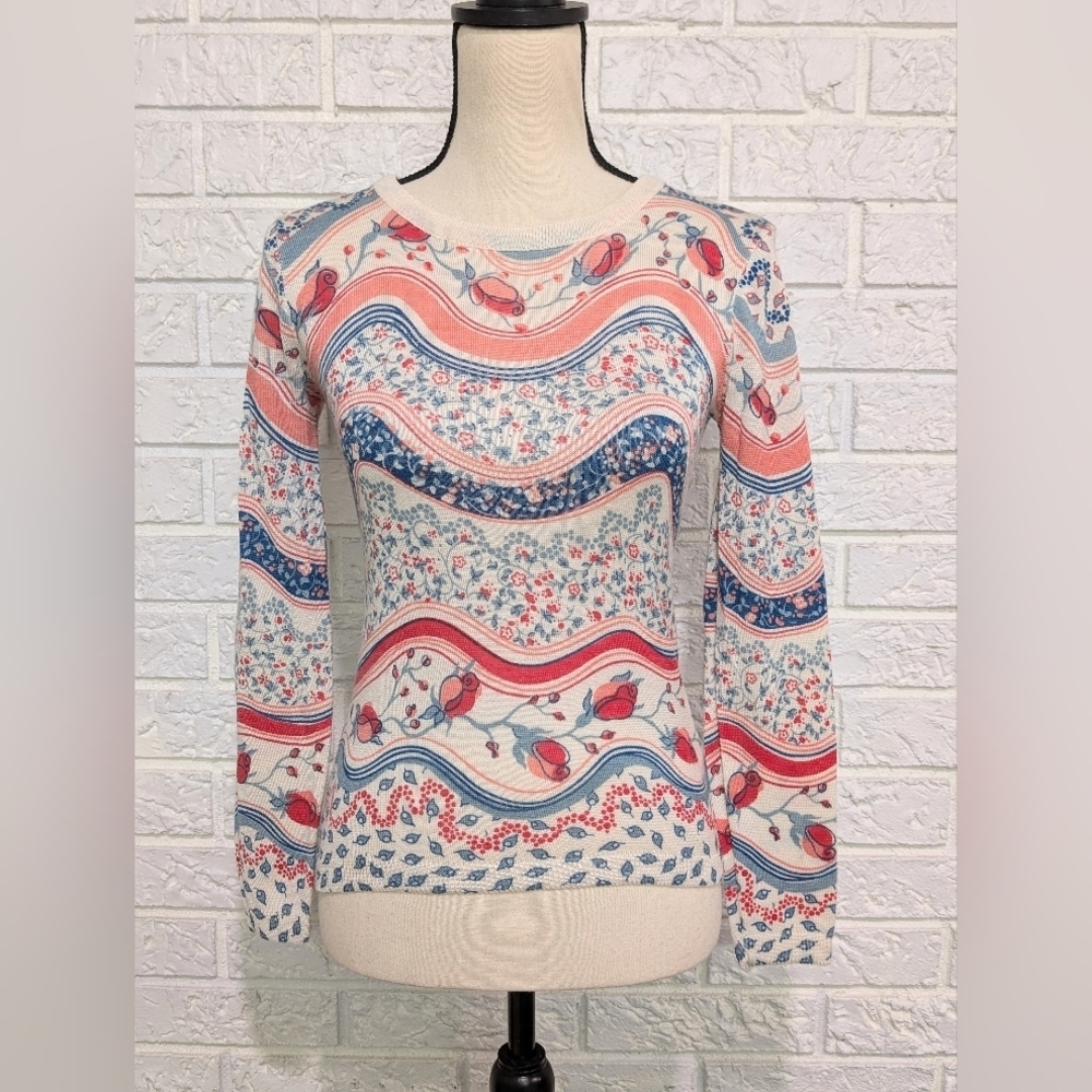 Vintage 1970's Offspring by Trisha Sayad Colorful Floral Lightweight Sweater Top